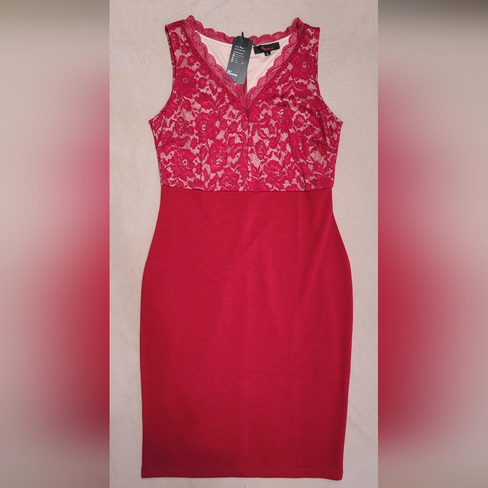 VIWENNI Red Lace Bodycon Dress Size L NWT Sleeveless Fitted Midi Formal Party